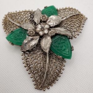 Large Silver Plate Fillagree Molded Glass Leaf Brooch 1940s Layered Green Flower